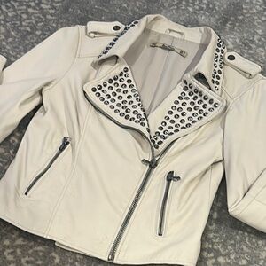 ZARA REAL LEATHER STUDDED BOMBER CREAM JACKET SIZE S